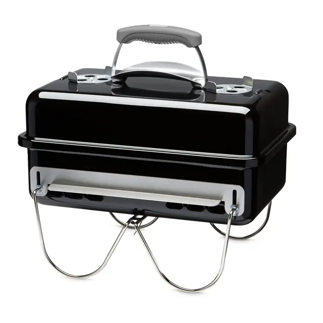 Weber Go-Anywhere Barbacoa de carbón, superficie de la parrilla 42 x 26 cm, barbacoa portátil ligera, barbacoa de mesa con tapa y cuba esmaltados en porcelana, patas plegables - Negro (1131004)