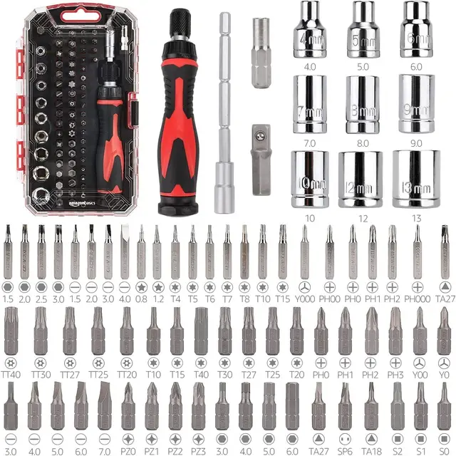 Amazon Basics Juego de magnético destornillador de precisión electrónico y carraca de 73 Unidad, magnético, Negro, Rojo, Plateado