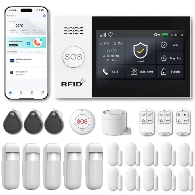 Sistema de Alarma para casa WiFi 4G sin cuotas, Kit Alarma casa inalámbrico 24 Piezas con Pantalla táctil 4,3", Sirena 120 dB, detectores de Movimiento y sensores Puerta/Ventana (Kit de 24)