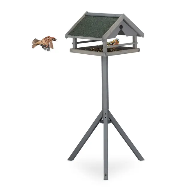 Relaxdays Comedero Pájaros con Soporte, Techo Resistente a Intemperie, Casa Alimentación, Madera, 120x62x55 cm, Gris