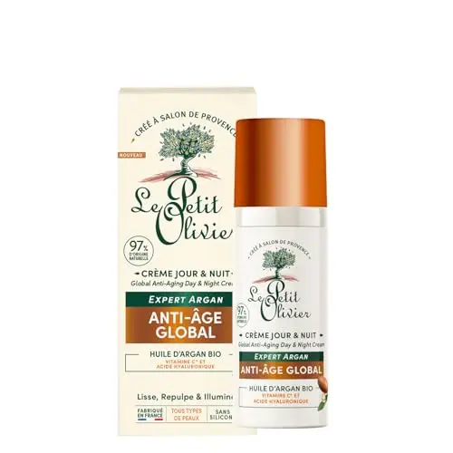 THE PETIT OLIVIER - Crema antienvejecimiento Día y Noche - Aceite de Argán - Suave y Raffermit - Todos los tipos de piel - Con ácido hialurónico - 96 % de origen natural - Sin silicona - Fabricado en
