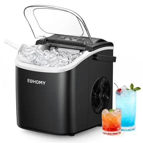 EUHOMY Máquina de Hielo 12Kg/24H, 9 Cubos en 6 Minutos, Maquina de Hacer Hielo Autolimpiable, 2 Tamaños de Hielo, con Asa, Pala para Hielo y Cesta, Sirva Para Casa/Cocina/Oficina/Bar Negra