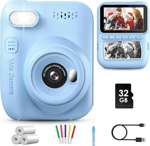 GREENKINDER Camara Fotos Infantil Instantanea,3,0 Pulgadas 14MP Camara Fotos Infantil con Tarjeta de 32 GB y Papel de Impresión,HD 1080P Cámara Instantánea,Regalo de Cumpleaños para Niños 3 a 12 Años