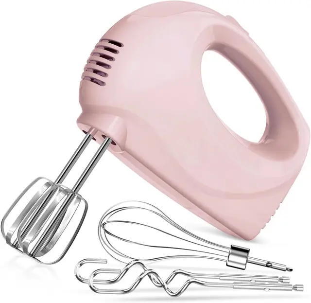 Leaflai Batidora de mano eléctrica, batidora de mano de 5 niveles, incluye 1 batidor, 2 varillas mezcladoras, 2 ganchos para amasar de acero inoxidable, apto para lavavajillas (rosa)