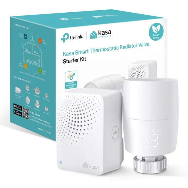 Termostato de radiador Inteligente TP-Link Kasa, con concentrador para hasta 32 radiadores, Ahorro de energía, Control Tiempo y Temperatura, App, Compatible Alexa y Google, fácil instalación