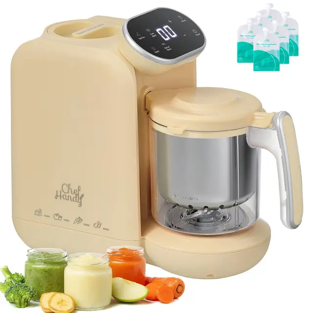 Chefhandy Procesador de Alimentos Bebé, Robot de Cocina Bebe para 5 en 1, Licuadora Bebe con Calentador de Leche, Mezcla Automática y Manual, multifuncional para todas las etapas del bebé (Amarillo)