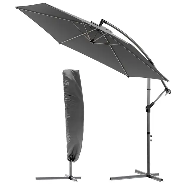 VOUNOT® 300 cm Parasol Excentrico, Sombrilla de Jardín con Manivela y Funda Protectora, Protección UV, Gris