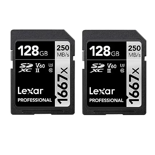 Lexar Professional 1667x Tarjeta SD 128GB, Paquete de 2, SDXC UHS-II Tarjeta de Memoria, hasta 250 MB/s de Lectura, para fotógrafo Profesional, camarógrafo, Entusiasta (LSD1667128G-B2NAA), Plata
