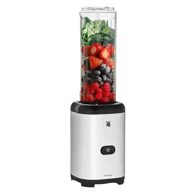 WMF Kult X - Batidora de Vaso Individual Mix & Go Mini, 300 W de 0.6 L de Capacidad y 4 Cuchillas Acero Inoxidable Cromargan, Exterior Acero Inoxidable de Cromargan, depósito de TRITAN libre de BPA