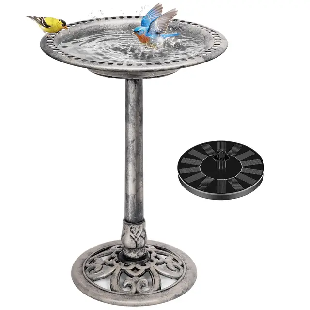 VIVOHOME Baño para Pájaros de Poliresina con Fuente Solar 2 en 1 Baño para Pájaros Antiguo para Jardín al Aire Libre Cuenco para Beber y Comer Pájaros Silvestres