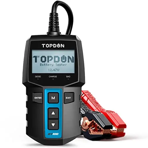 TOPDON BT100 Comprobador de Baterias de Coche 12V, 100-2000 CCA Probador de Batería Auto para Arranque y Sistema de Carga, Analizador de Batería Digital para Coche, Camión, Moto, ATV, SUV, Barco,Yate