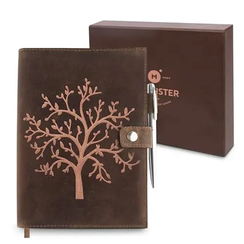 moonster Diario Personal Recargable Funda de Cuero – Árbol de Vida en Relieve – Cuaderno de Notas de Cuero Genuino Hecho a Mano con Portalápices – Libreta A5 con Papel y Bolígrafo Plateado