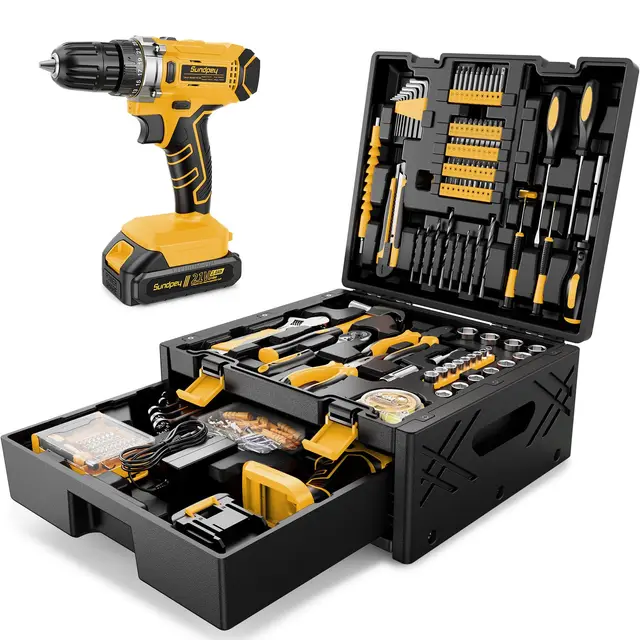 Caja de Herramientas 267 Piezas con Taladro Inalámbrico 21V, Taladro Atornillador y Batería 2.0 Ah, Juego Herramientas Eléctricas y Manuales para Bricolaje en Hogar, Maletín Organizador con Cajones