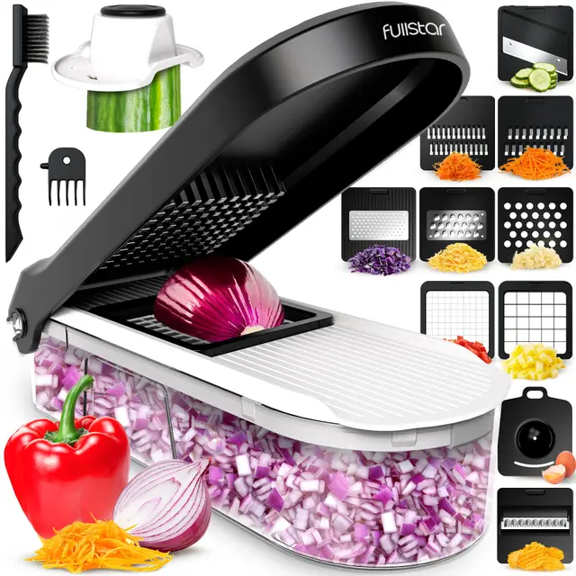 Fullstar Multifuncional Cortador de Verdura y Mandolina Profesional - Juliana Rallador Picadora Manual de Cebolla Pepino Patatas Fritas Queso - Gadgets y Utensilios Cocina (Compacto 10-en-1, Blanco)