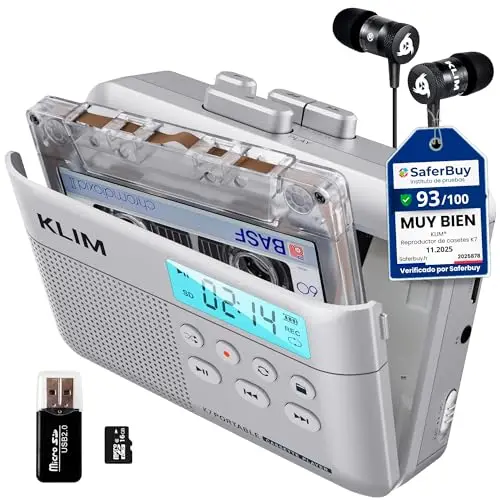 KLIM K7 Reproductor Cassette - Conversor de Cassette a MP3 - Player Portátil con Micrófono y Altavoz Integrados - Batería Recargable - Auriculares - Tarjeta SD 16 GB - Plata
