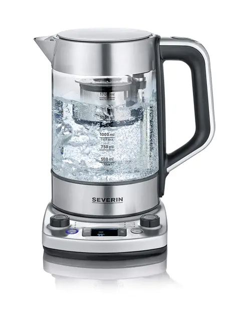 SEVERIN - Hervidor de té y agua de cristal con elevación automática, 1.7 L, 3000 W, Elemento calefactor oculto por placa de acero inoxidable, acero inoxidable y cristal, WK 3422