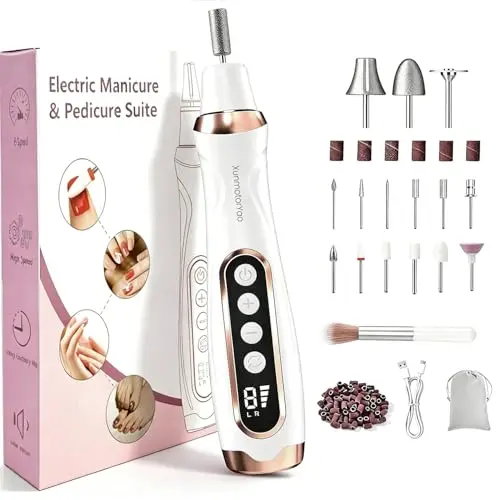Torno para Uñas Profesional 20000 RPM Lima 15 in 1 Eléctricas Uñas Torno sin Cable con Velocidad Ajustable con Pantalla LCD Kit de Manicura y Pedicur para Hogar Salón DIY,Blanco