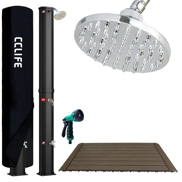 CCLIFE Ducha de Jardín Solar con Suelo de WPC de 40 litros con Agua Caliente, Piscina de Exterior, con Cabeza de Ducha y Grifo, Temperatura de hasta 60° C