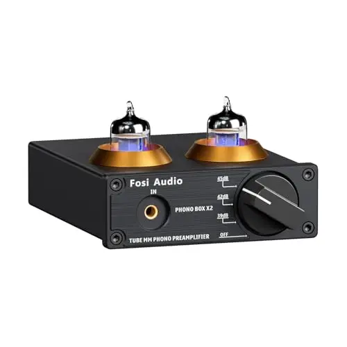 Fosi Audio Box X2 Preamplificador de Fono para Tocadiscos MM, Preamplificador con Engranaje de Ganancia, Tubo Estéreo, Mini Preamplificador de Vacío Hi-Fi con Fuente de Alimentación de 12V CC