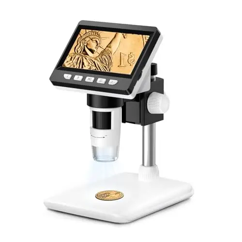 GlobalCrown Microscopio Digital para Niños/Adultos, Pantalla de 4.3 Pulgadas, Microscopio Portátil con 8 Luces LED Ajustables, 50-1000X Aumentos, Compatible con Windows/Mac