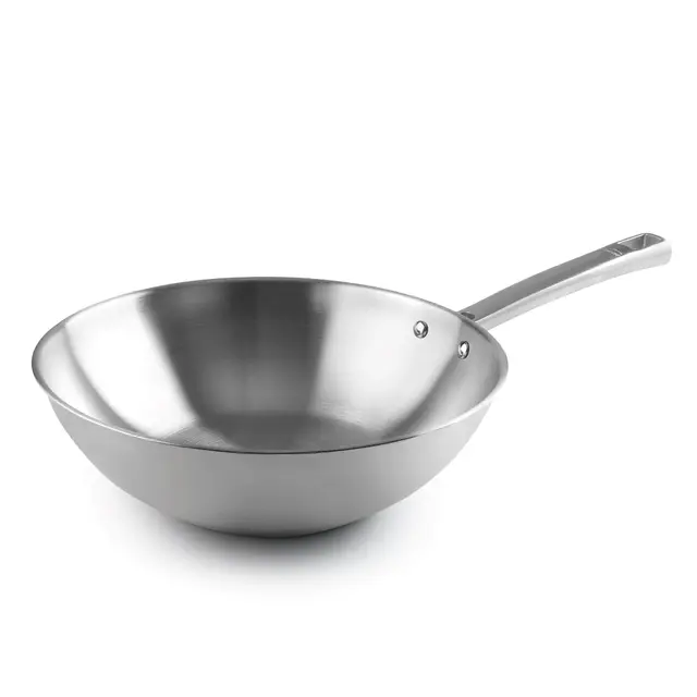LACOR - 45828 - Wok Foodie, Acero Inoxidable 18/10, Mango Ergonómico, Fondo Termodifusor Sandwich, Apto para todo Tipo de Fuegos, Inducción y Lavavajillas, Acabado Lijado Satinado, Ø28 cm