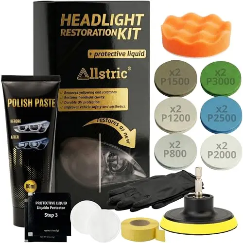 Kit Pulir Faros Coche con Polímero Líquido y Barniz Faros Coche. Pulimento Faros Profesional y Restaurador Faros Opacos para Pasar ITV. Kit Pulido Faros Coche Mejor Visibilidad y Seguridad