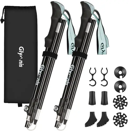 Glymnis Bastones de Senderismo Bastones Trekking Plegables 2pcs 36cm-130cm de Aleación de Aluminio 7075 y EVA para Senderismo Alpinismo Trail Viaje