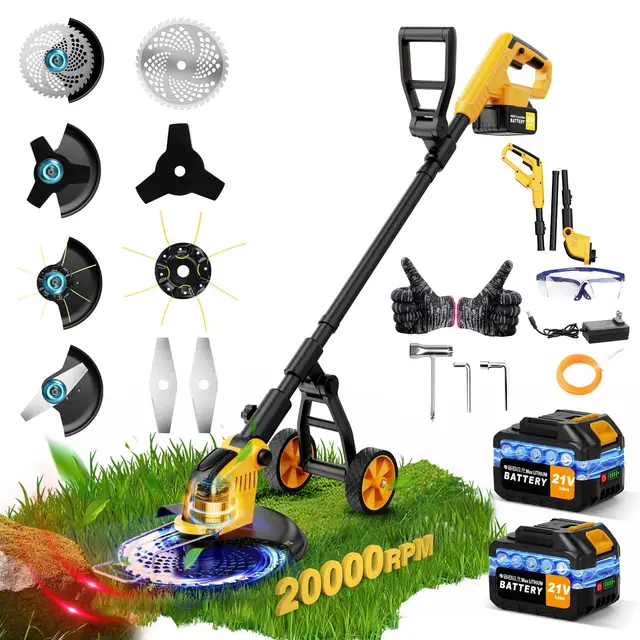 Desbrozadora Bateria con Ruedas,30CM Desbrozadora Electrica con 2 * 3.0 Ah Baterías y Cargador,Motor sin Escobillas 800W,Cortadora de Césped con 4 Tipos de Cuchillas para Recortar Césped y Arbustos