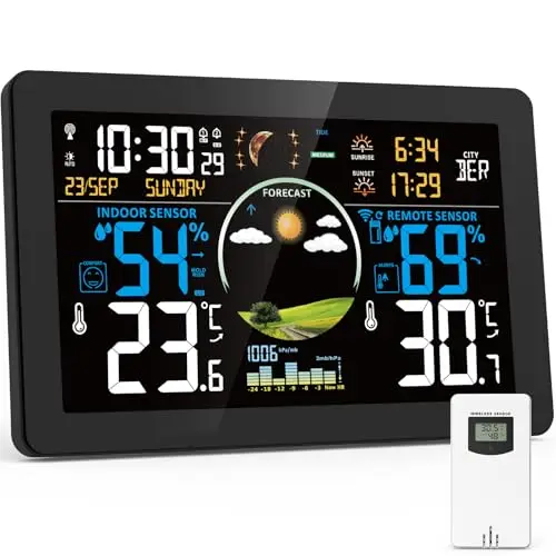 VIFLYKOO Estación Meteorológica Inalámbrica con Sensor Exterior, Estación Meteorológica Digital Multifuncional de Temperatura, Humedad, Presión Atmosférica, Pronóstico del Tiempo, Alarma