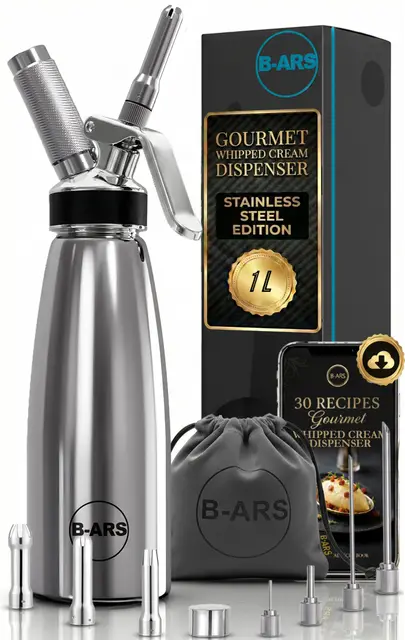 B-ARS Dispensador Crema Batida Profesional Acero Inoxidable 1L Incluye Boquillas Decorativas Cepillo Limpieza Ebook Recetas Cocina Espumas Postres Fáciles y Creativos