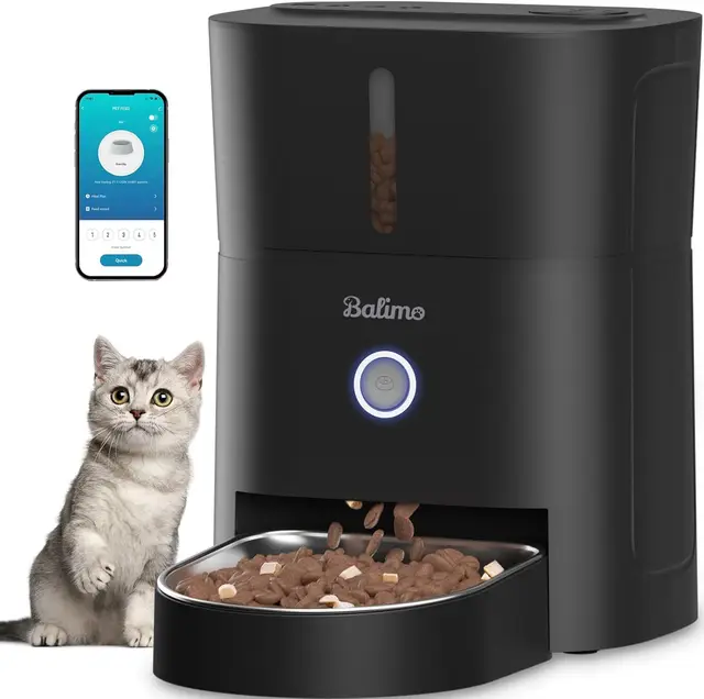 Balimo Comedero Gato Automatico, 2.4G WiFi Dispensador Comida Gatos, 3L Comedero Automatico Gato, Bol de Acero Inoxidable 304, 1 a 10 Comidas, Negro