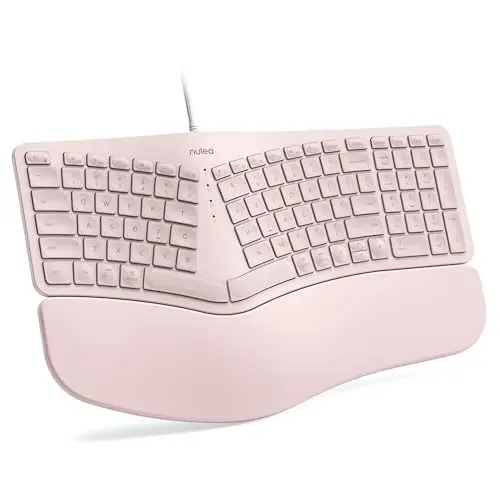 Nulea RT05C - Teclado ergonómico con cable, teclado dividido con reposamuñecas acolchado, patas inclinables ajustables, Plug and Play, cable USB, compatible con Windows/Mac, color rosa