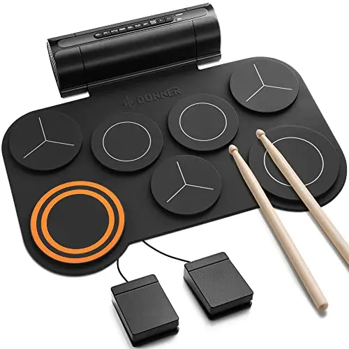 Donner Electronic Drum Set, 7 Pads Electric Drum Pad Roll Up, Quiet Drum Pad Altavoz incorporado para niños/principiantes, 40 lecciones de batería incluidas (DED-20)