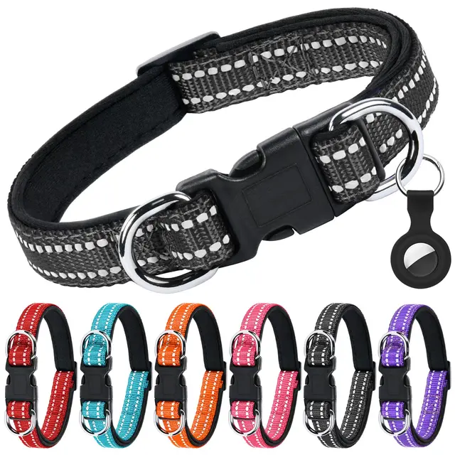 AUAUY Collar Perro Nylon Reflectante, Ajustable, Neopreno Forrado, Anillo Doble D y Hebilla de Liberación Rápida, para Perros Pequeños, Medianos y Grandes (Negro-S)