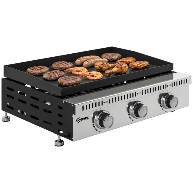 Outsunny - Plancha de gas de 9 kW, 3 quemadores de acero inoxidable, superficie de cocción 56,5 x 33 cm, con bandeja de recuperación de grasa, propano/butano/GLP, portátil para camping, picnic y