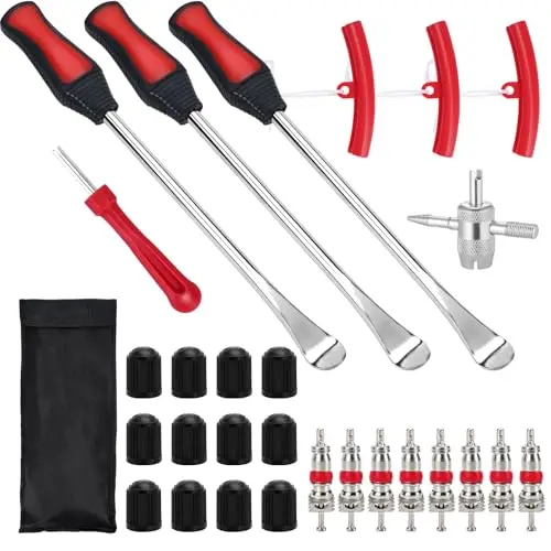 Desmontadora de Neumáticos, 29 Piezas Desmontar neumaticos, Palancas Neumaticos Moto con 3 Protectores de llanta, 1 núcleo de válvula y 10 Tapas de neumáticos para Moto, Bicicleta