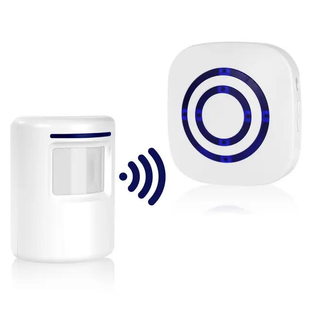 AXFEE Detector de Movimiento Interior, con 1 Receptor electrónico y 1 Detector de Sensor de Movimiento PIR 4 Niveles de Volumen, con 38 melodías Alarma de Seguridad, para caravanas, Casas, garajes