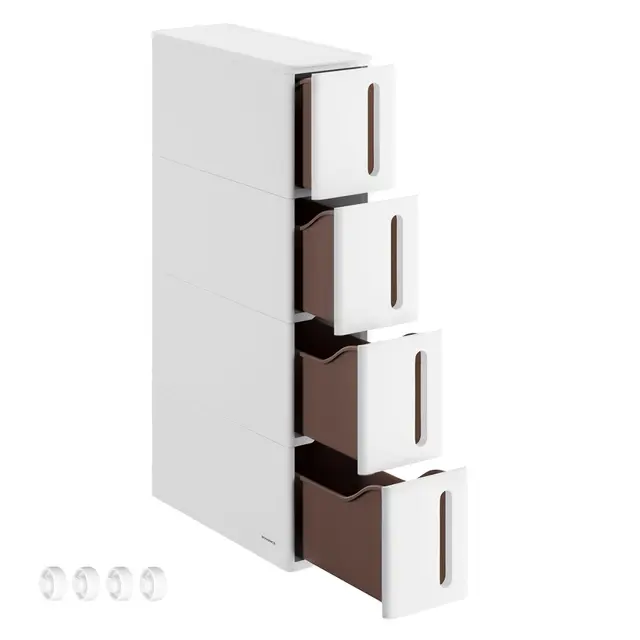 SONGMICS Carrito Estrecho con Ruedas, Estantería con 4 Cajones, 17,3 cm de Ancho, Estante para Baño, Móvil, para Cocina, Plástico PP, Ahorra Espacio, 45,2 x 17,3 x 84 cm, Blanco y Marrón KFR08WT