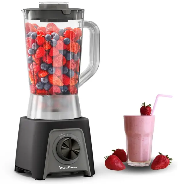 Moulinex Blendeo+, Batidora de vaso de 450 W, Jarra de 1,5 L, 2 velocidades + función Pulse, Pica hielo, Cuchillas extraíbles y muy resistentes, Gris, LM2C08F0