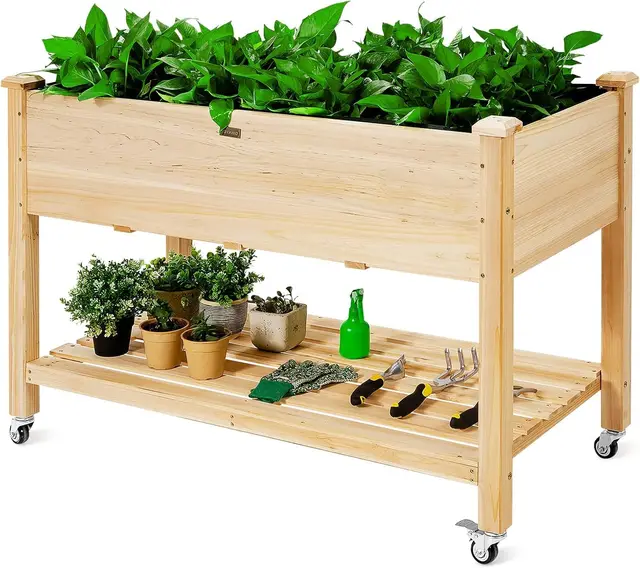 GOPLUS Jardinera Exterior con Ruedas Bloqueables y Estante, Cama Elevada de Madera de Abeto con Agujeros de Drenaje y Forro no Tejido, Huerto Urbano para Flores Hierbas Verduras, 120 x 59 x 84 cm