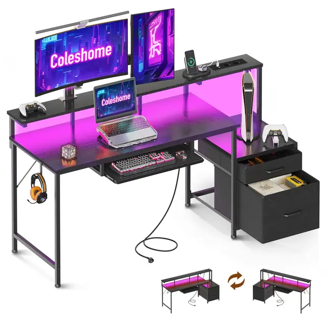 Coleshome Escritorio Gaming con LED, 140x48cm Escritorio Gamer Reversible con Tomas de Corriente y USB, Escritorio con Cajones de Tela y Archivador, Mesa con Bandeja para Dormitorio Hogar, Negro