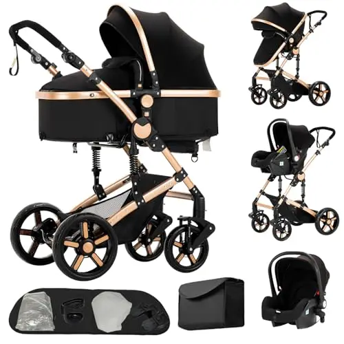 Cochecito 3 en 1 de Bebé con Silla de Coche, Cuna de Paisaje Elevado, Toldo Ajustable y Ruedas con Amortiguadores, Marco de Aleación de Aluminio(negro&dorado)