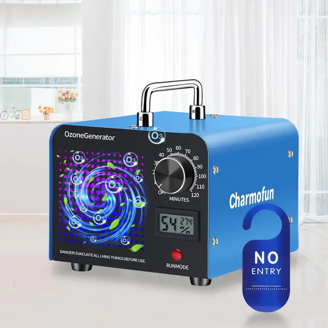 Charmofun Profesional Máquina de Ozono 60000mg/h, Generador de Ozono Hogar, Ozonizador con Temporizador, Ozono Hogar Purificador de Aire para Garajes, Coche, Mascotas (Azul)
