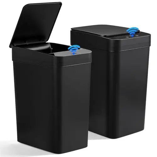 Set de 2 Cubos de Basura Automáticos (15L y 12L) con Tapa Inteligente – Cubo Basura Automático, Papelera Silenciosa e Impermeable con 3 Modos de Funcionamiento, Ideal para Cocina, Baño y Oficina Negro