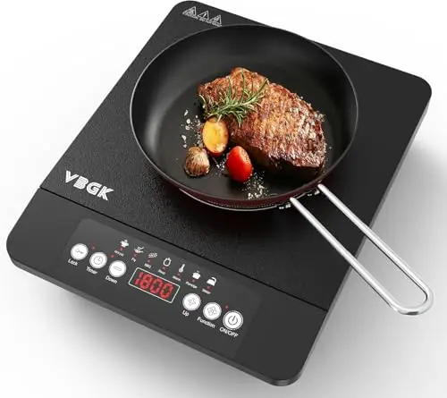 VBGK Placa de Inducción Portátil, Vitro Portatil 1 Fuego, Placa de Inducción de 1800 Vatios, 8 Niveles de Potencia, Temporizador 8 Horas, Bloqueo Infantil, Controles Táctiles, Fácil Limpieza