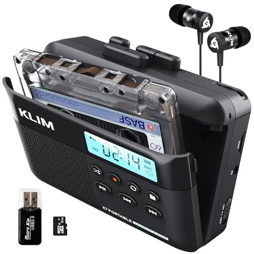 KLIM K7 Reproductor Cassette - Nuevo - Conversor de Cassette a MP3 - Cassette Player Portátil con Micrófono y Altavoz Integrados - Batería Recargable - Auriculares - Tarjeta SD 8 GB - Negro