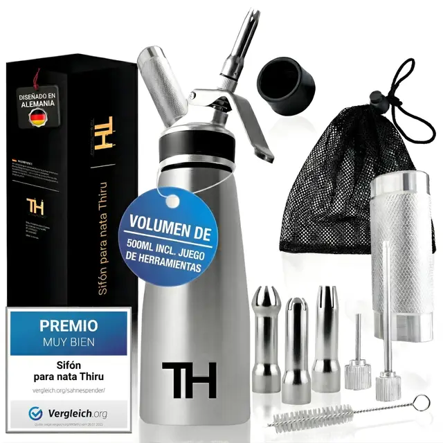 Thiru sifón cocina inox 500 ml con toolbox – sifón para nata montada, espumas y preparaciones calientes – eBook + 5 boquillas inox – compatible con cargas sifón – prueba 100 días