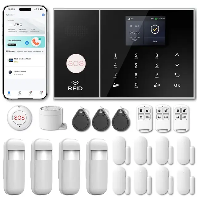 Sistema de Alarma para casa con WiFi + 4G gsm, Kit Alarma casa sin cuotas, notificaciones por App, Llamadas y SMS, Ampliable inalámbrico Compatible con Alexa y Google Assistant (Kit de 21)