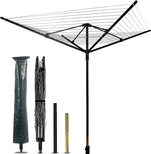 uyoyous Tendedero giratorio exterior Paraguas tendedero con casquillo de suelo Funda protectora 50M Cuerda para tender ropa Tendedero estable para jardín