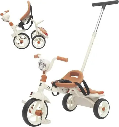 Twinly Triciclo Evolutivo Plegable Carly, Blanco, 1-5 Años | Ligero y Compacto, Manillar con Luz y Sonido, Cesta Incluida, Barra de Empuje Ajustable